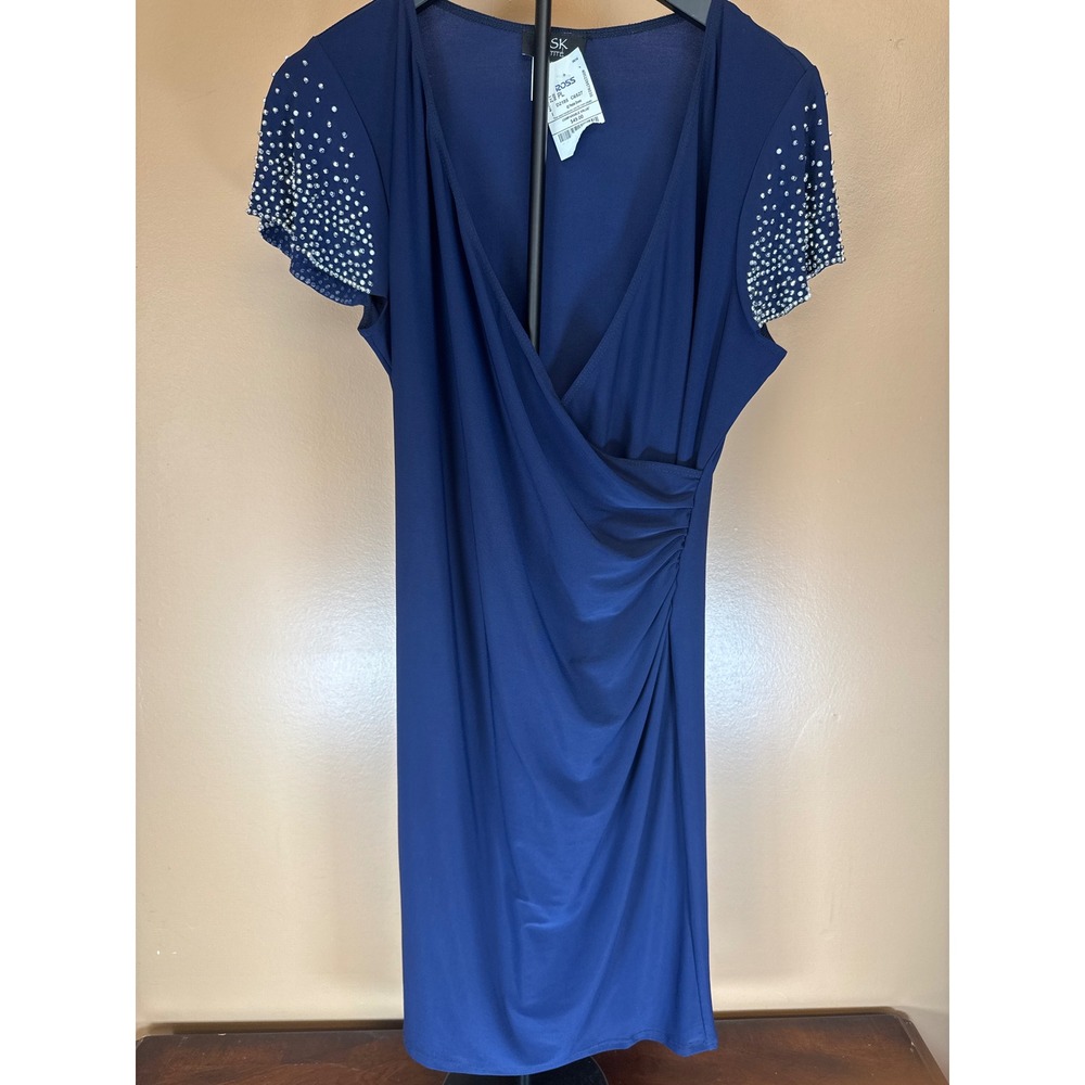MSK Petite Navy Blue Faux Wrap Dress Rhinestone Sleeve Cocktail PL‎ NEW